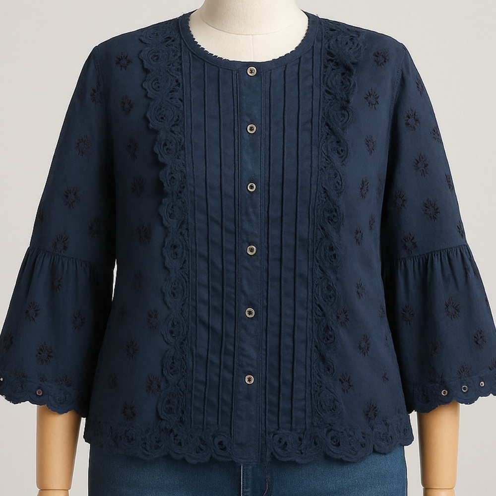 J. Crew Eyelet Lace Ruffle Bell Sleeve Blouse Size 12 Navy Blue Boho Romantic - Picture 4 of 9